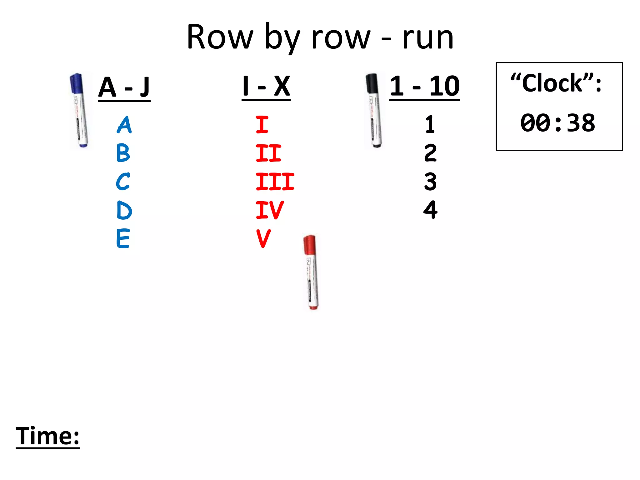 Row by row - run
A
B
C
D
E
I
II
III
IV
V
1
2
3
4
A - J I - X 1 - 10
Time:
“Clock”:
00:38
 