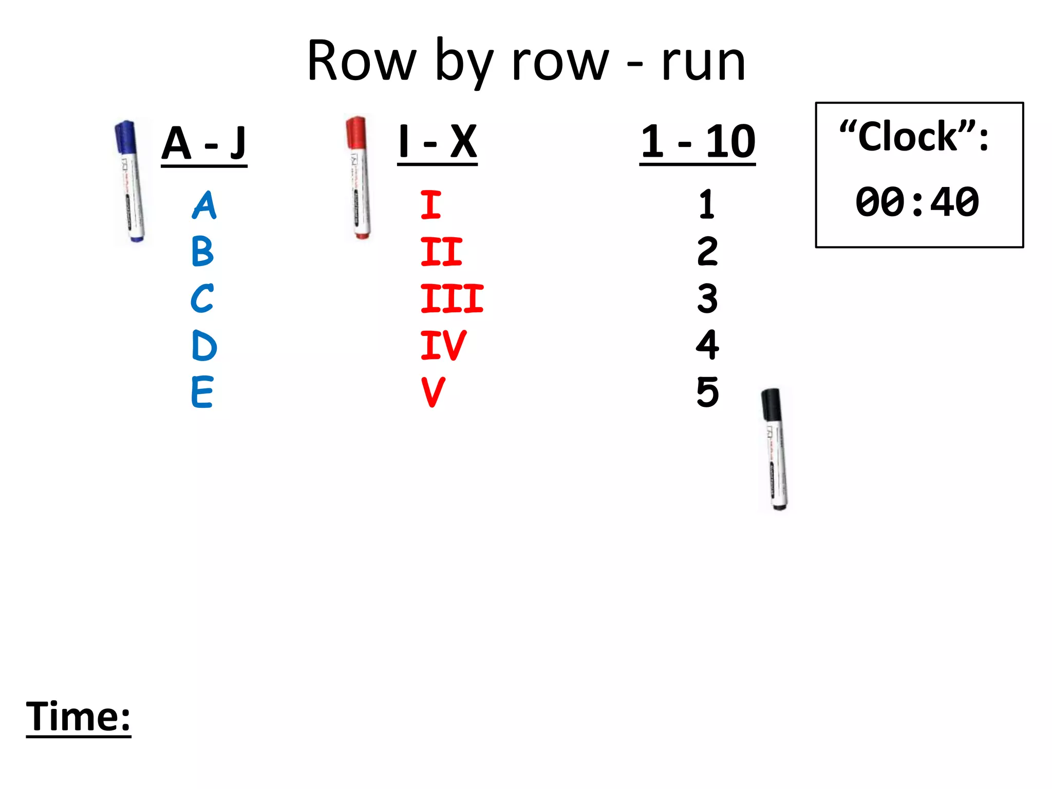 Row by row - run
A
B
C
D
E
I
II
III
IV
V
1
2
3
4
5
A - J I - X 1 - 10
Time:
“Clock”:
00:40
 