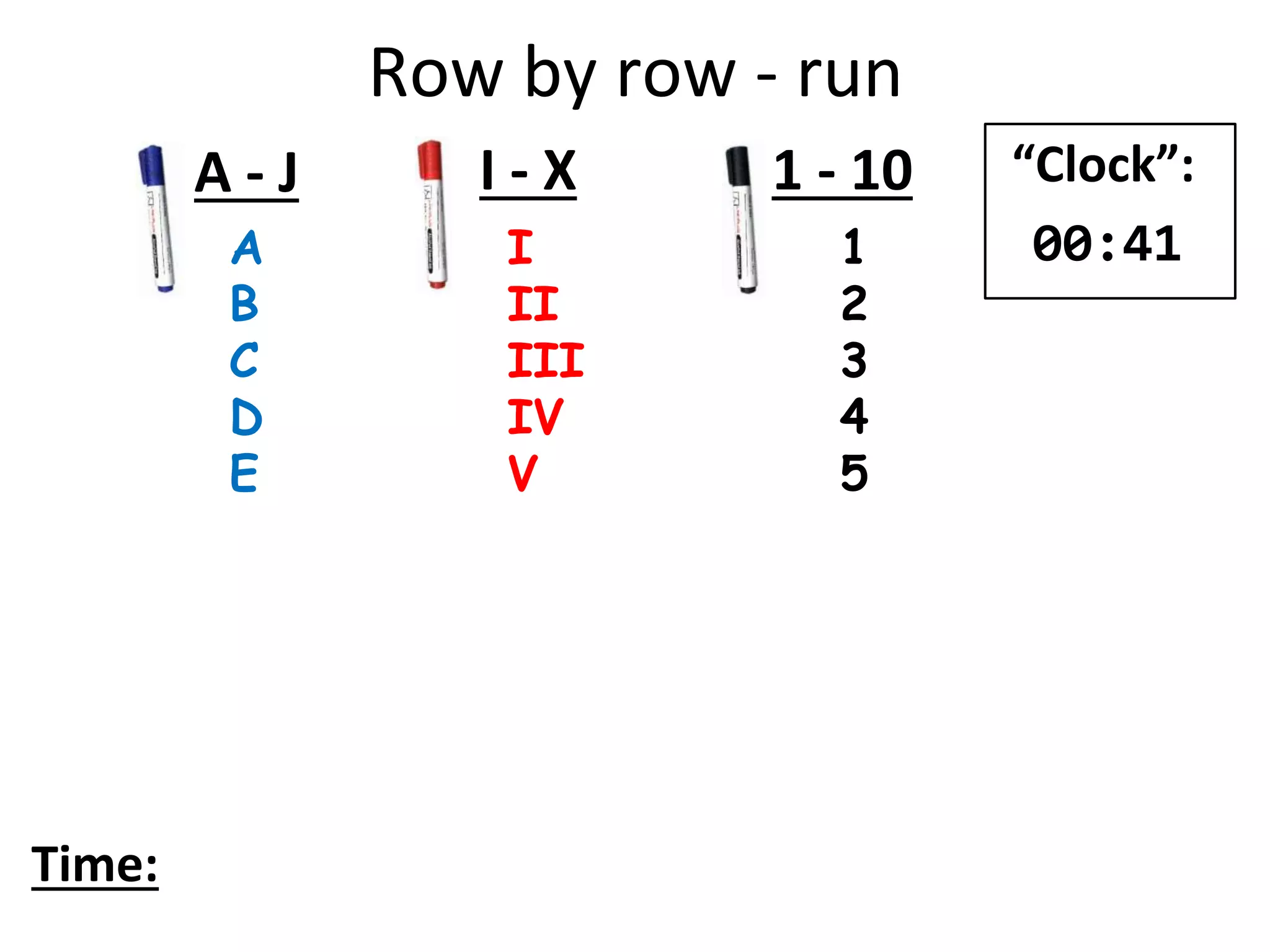 Row by row - run
A
B
C
D
E
I
II
III
IV
V
1
2
3
4
5
A - J I - X 1 - 10
Time:
“Clock”:
00:41
 