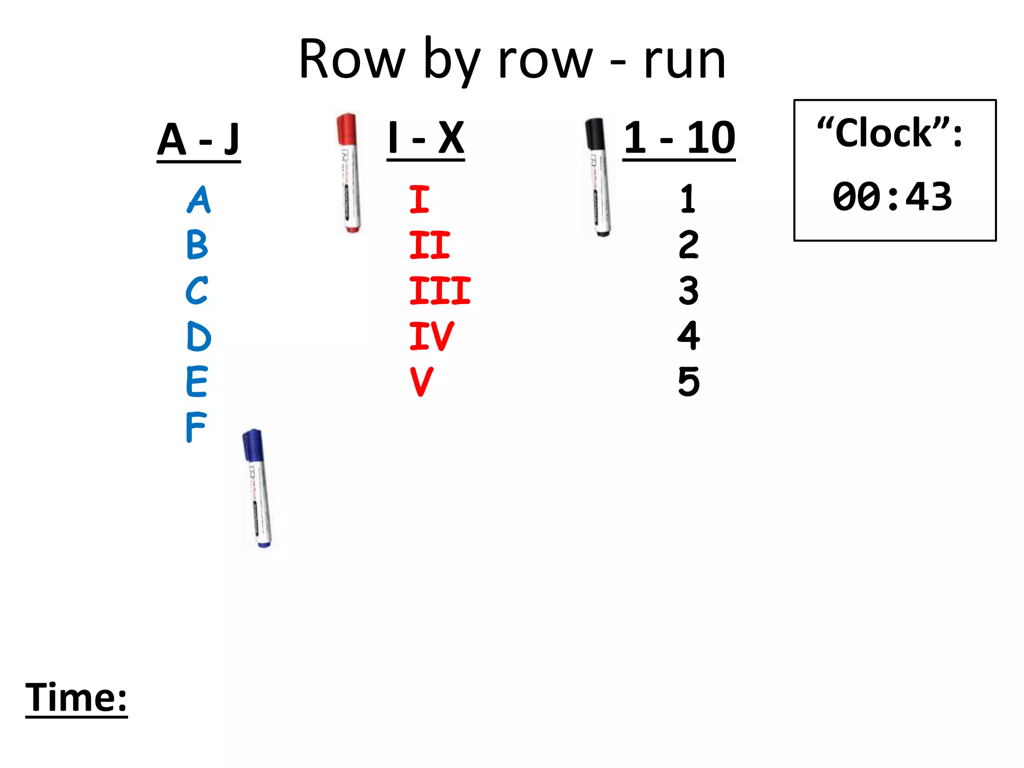 Row by row - run
A
B
C
D
E
F
I
II
III
IV
V
1
2
3
4
5
A - J I - X 1 - 10
Time:
“Clock”:
00:43
 