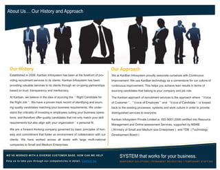 Established in 2008, Kanban Infosystem has been at the forefront of pro-
viding recruitment services to its clients. Kanban Infosystem has been
providing valuable services to its clients through an on-going partnerships
based on trust, transparency and meritocracy.
At Kanban, we believe in the idea of sourcing the “ Right Candidate for
the Right Job ”. We have a proven track record of identifying and sourc-
ing quality candidates matching your business requirements. We under-
stand the criticality of investing in employees suiting your business opera-
tions, and therefore offer quality candidates that not only match your skill
requirements but also align with your organization ’ s personal fit.
We are a forward thinking company governed by basic principles of hon-
esty and commitment that foster an environment of collaboration with our
clients. We have worked across all levels with large multi-national
companies to Small and Medium Enterprises.
SYSTEM that works for your business.
MANPOWER SOLUTIONS Ι PERMANENT RECRUITING Ι TEMPORARY STAFFING
WE’VE WORKED WITH A DIVERSE CUSTOMER BASE. HOW CAN WE HELP
Help us to take you through our competencies in detail. Contact Us
About Us… Our History and Approach
We at KanBan Infosystem proudly associate ourselves with Continuous
Improvement. We use KanBan technology as a cornerstone for our culture of
continuous improvement. This helps you achieve lean results in terms of
sourcing candidates that belong to your company and job role.
The Kanban approach of recruitment services is the approach where “Voice
of Customer ”, “ Voice of Employee ” and “Voice of Candidate ” is looped
back to the existing processes, systems and work culture in order to provide
distinguished services to everyone.
Kanban Infosystem Private Limited is ISO 9001:2008 certified into Resource
Management and Online assessment Services, supported by MSME
( Ministry of Small and Medium size Enterprises ) and TDB (Technology
Development Board )
Our History Our Approach
 