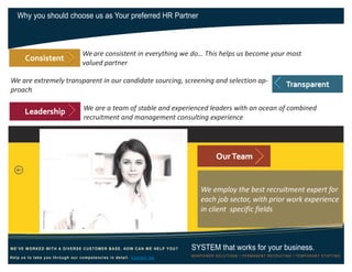 We employ the best recruitment expert for
each job sector, with prior work experience
in client specific fields
Why you should choose us as Your preferred HR Partner
SYSTEM that works for your business.
MANPOWER SOLUTIONS Ι PERMANENT RECRUITING Ι TEMPORARY STAFFING
WE’VE WORKED WITH A DIVERSE CUSTOMER BASE. HOW CAN WE HELP YOU?
Help us to take you through our competencies in detail. Contact Us
We are consistent in everything we do… This helps us become your most
valued partner
We are extremely transparent in our candidate sourcing, screening and selection ap-
proach
We are a team of stable and experienced leaders with an ocean of combined
recruitment and management consulting experience
 