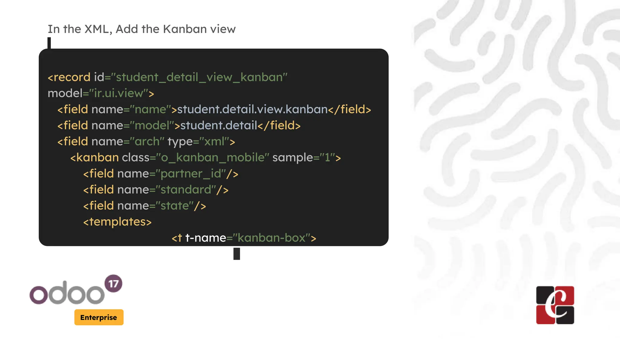Enterprise
In the XML, Add the Kanban view
<record id="student_detail_view_kanban"
model="ir.ui.view">
<field name="name">student.detail.view.kanban</field>
<field name="model">student.detail</field>
<field name="arch" type="xml">
<kanban class="o_kanban_mobile" sample="1">
<field name="partner_id"/>
<field name="standard"/>
<field name="state"/>
<templates>
<t t-name="kanban-box">
 