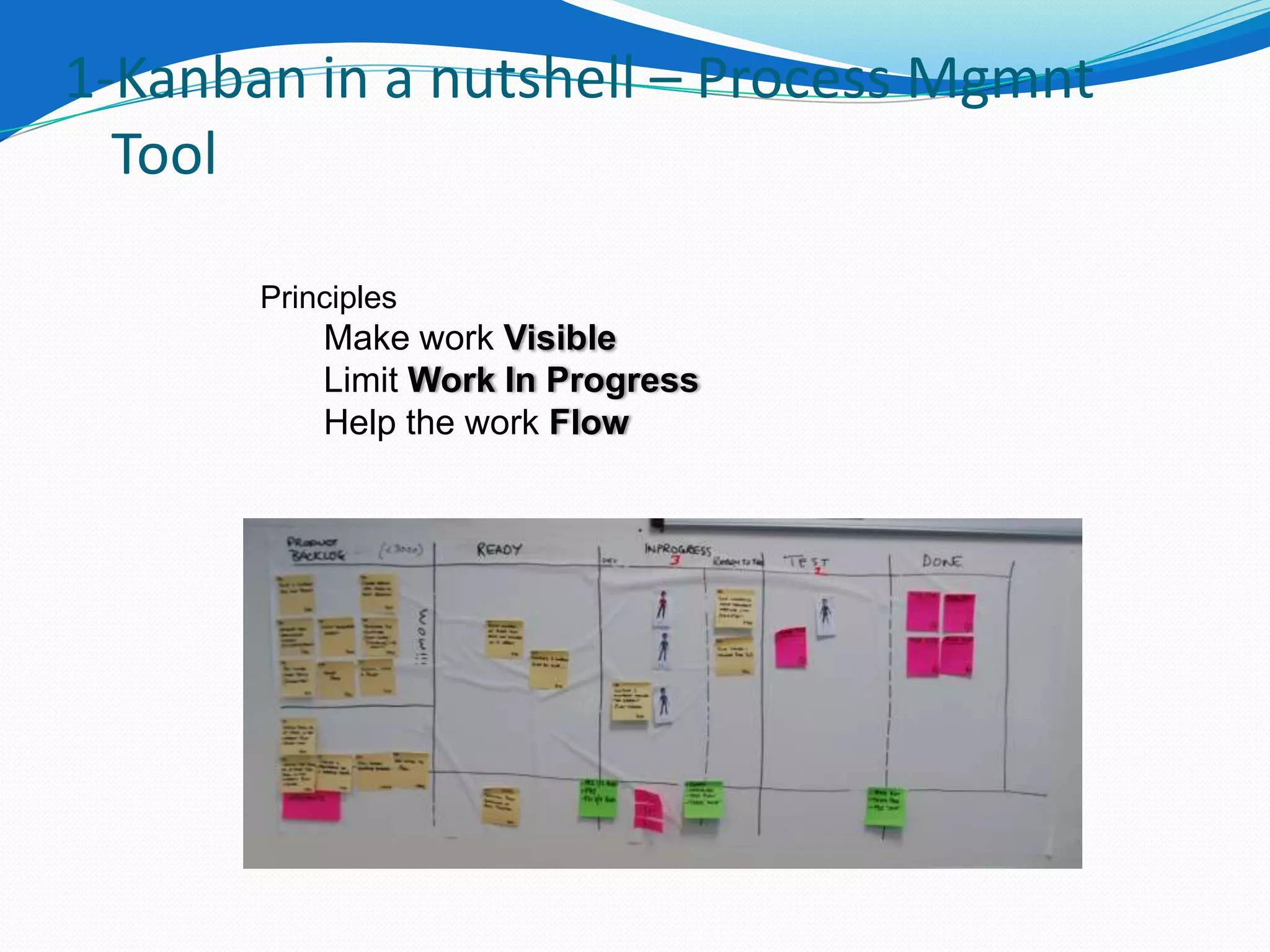 1-Kanban in a nutshell – Process Mgmnt
  Tool

       Principles
           Make work Visible
           Limit Work In Progress
           Help the work Flow
 