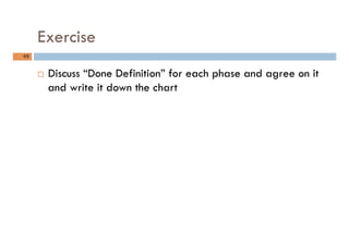 Exercise
49	
¨  Discuss “Done Definition” for each phase and agree on it
and write it down the chart
 