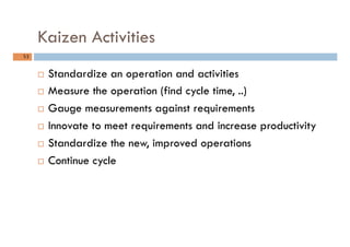 Kaizen Activities
53	
¨  Standardize an operation and activities
¨  Measure the operation (find cycle time, ..)
¨  Gaug...