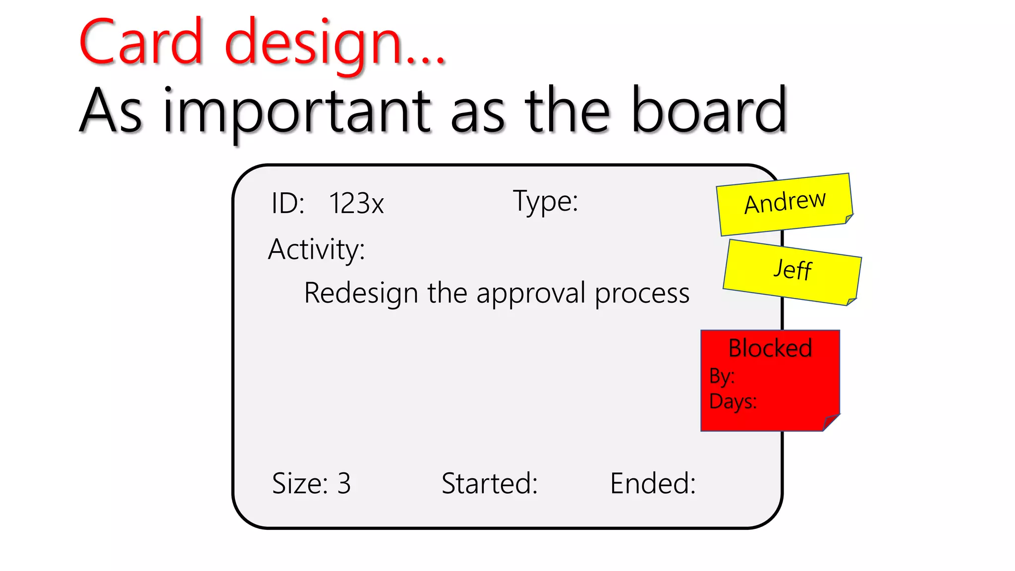 Size: 3 Ended:Started:
Activity:
Blocked
By:
Days:
ID: 123x
Redesign the approval process
Type:
Card design…
As important as the board
 
