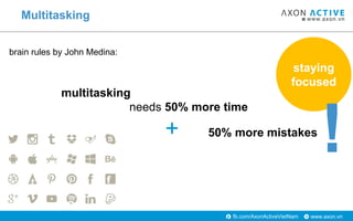 www.axon.vnfb.com/AxonActiveVietNam
staying
focused
Multitasking
brain rules by John Medina:
multitasking
needs 50% more time
+ 50% more mistakes
!
 
