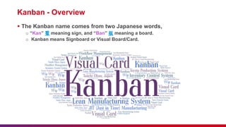 Kanban - Overview
 The Kanban name comes from two Japanese words,
o “Kan” 看 meaning sign, and “Ban” 板 meaning a board.
o Kanban means Signboard or Visual Board/Card.
 