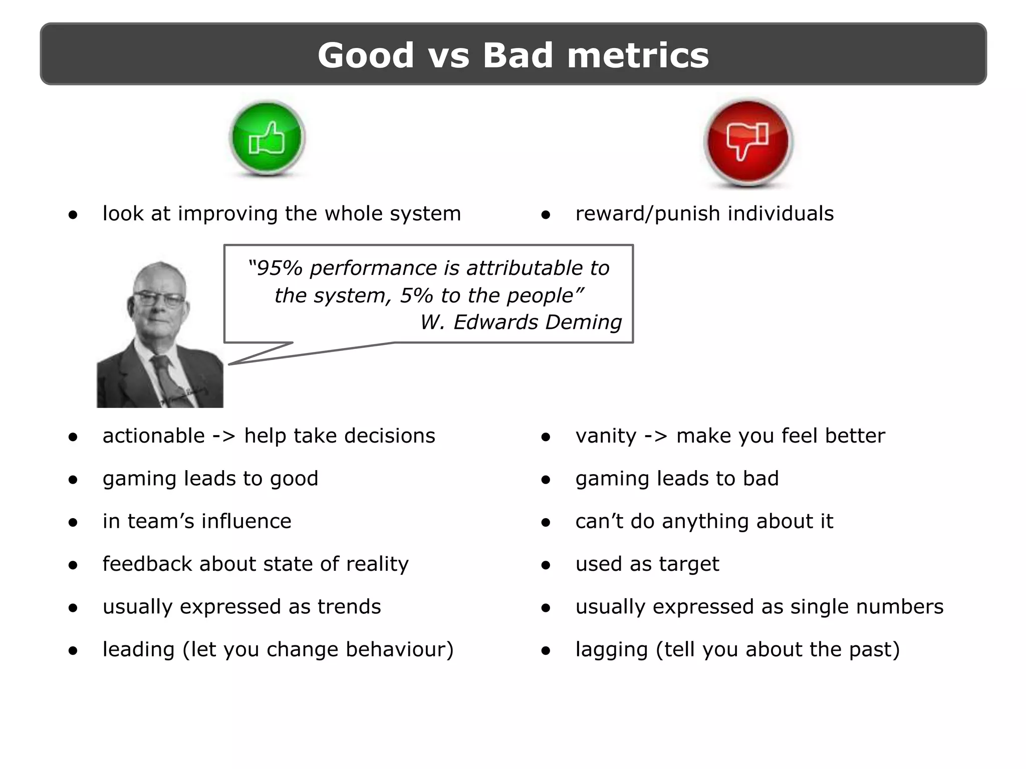 Good vs Bad metrics
● look at improving the whole system ● reward/punish individuals
“95% performance is attributable to
the system, 5% to the people”
W. Edwards Deming
● actionable -> help take decisions ● vanity -> make you feel better
● gaming leads to good ● gaming leads to bad
● in team’s influence ● can’t do anything about it
● feedback about state of reality ● used as target
● usually expressed as trends ● usually expressed as single numbers
● leading (let you change behaviour) ● lagging (tell you about the past)
 