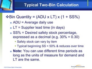 Typical Two-Bin Calculation
Bin Quantity = (ADU x LT) x (1 + SS%)





ADU = Average daily use
LT = Supplier lead time (in days)
SS% = Desired safety stock percentage,
expressed as a decimal (e.g. 30% = 0.30)
 Safety stock can vary by item
 Typical beginning SS = 50% & reduces over time



Note: You can use different time periods as
long as the units of measure for demand and
LT are the same.

© 2010 Karen Martin & Associates

 