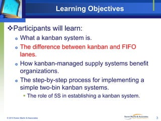Learning Objectives
Participants will learn:







What a kanban system is.
The difference between kanban and FIFO
lanes.
How kanban-managed supply systems benefit
organizations.
The step-by-step process for implementing a
simple two-bin kanban systems.
 The role of 5S in establishing a kanban system.

© 2010 Karen Martin & Associates

3

 
