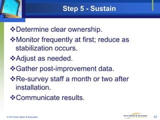 Step 5 - Sustain
Determine clear ownership.
Monitor frequently at first; reduce as
stabilization occurs.
Adjust as needed.
Gather post-improvement data.
Re-survey staff a month or two after
installation.
Communicate results.
© 2010 Karen Martin & Associates

42

 