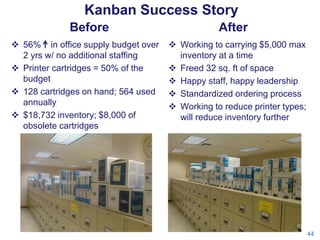 Kanban Success Story
Before
 56% in office supply budget over
2 yrs w/ no additional staffing
 Printer cartridges = 50% of the
budget
 128 cartridges on hand; 564 used
annually
 $18,732 inventory; $8,000 of
obsolete cartridges

After
 Working to carrying $5,000 max
inventory at a time
 Freed 32 sq. ft of space
 Happy staff, happy leadership
 Standardized ordering process
 Working to reduce printer types;
will reduce inventory further

44

 