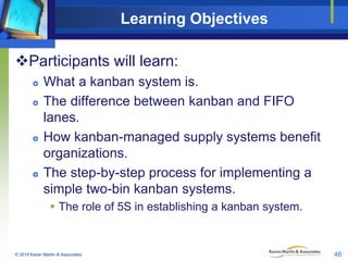 Learning Objectives
Participants will learn:







What a kanban system is.
The difference between kanban and FIFO
lanes.
How kanban-managed supply systems benefit
organizations.
The step-by-step process for implementing a
simple two-bin kanban systems.
 The role of 5S in establishing a kanban system.

© 2010 Karen Martin & Associates

46

 