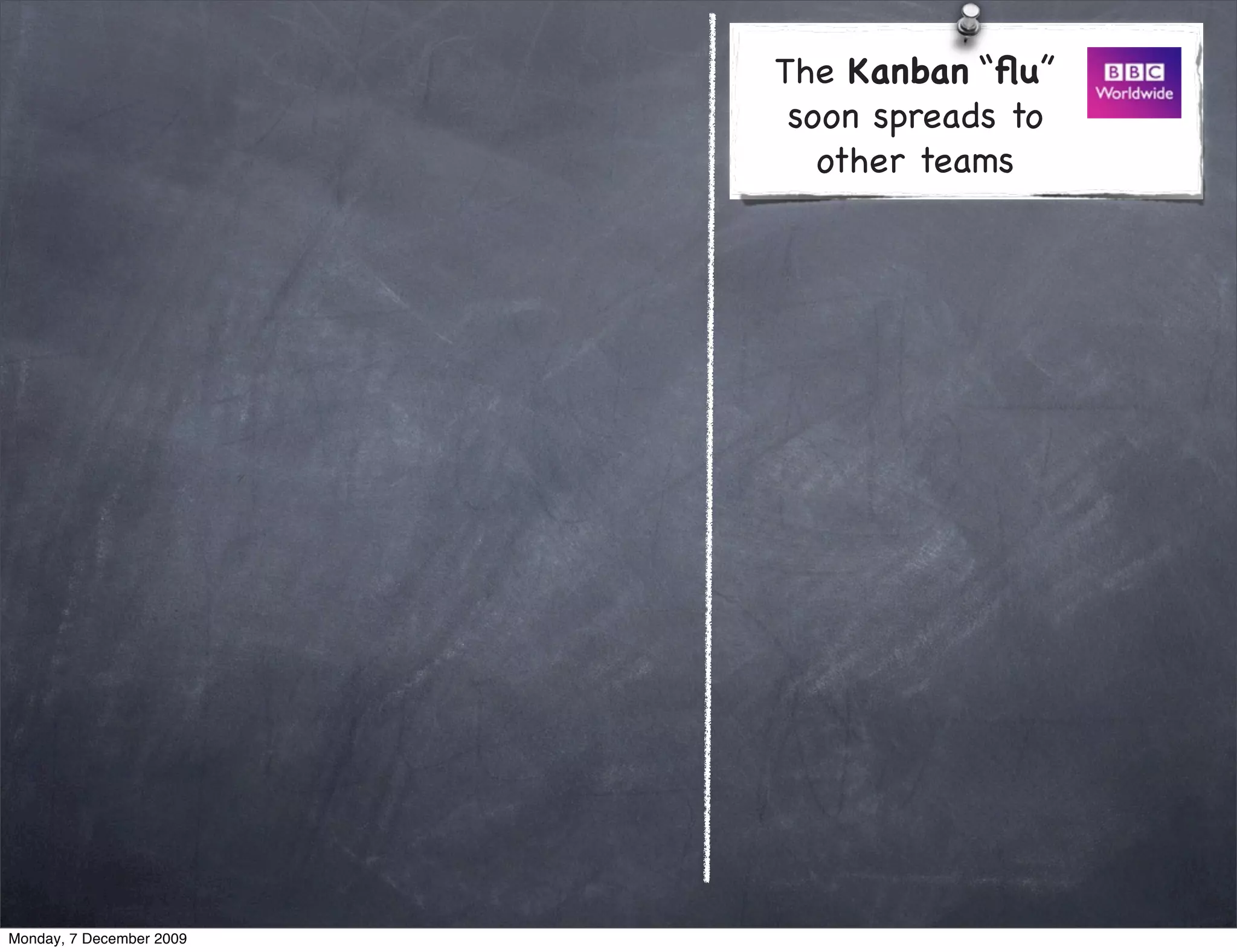 The Kanban “ﬂu”
                           soon spreads to
                             other teams




Monday, 7 December 2009
 