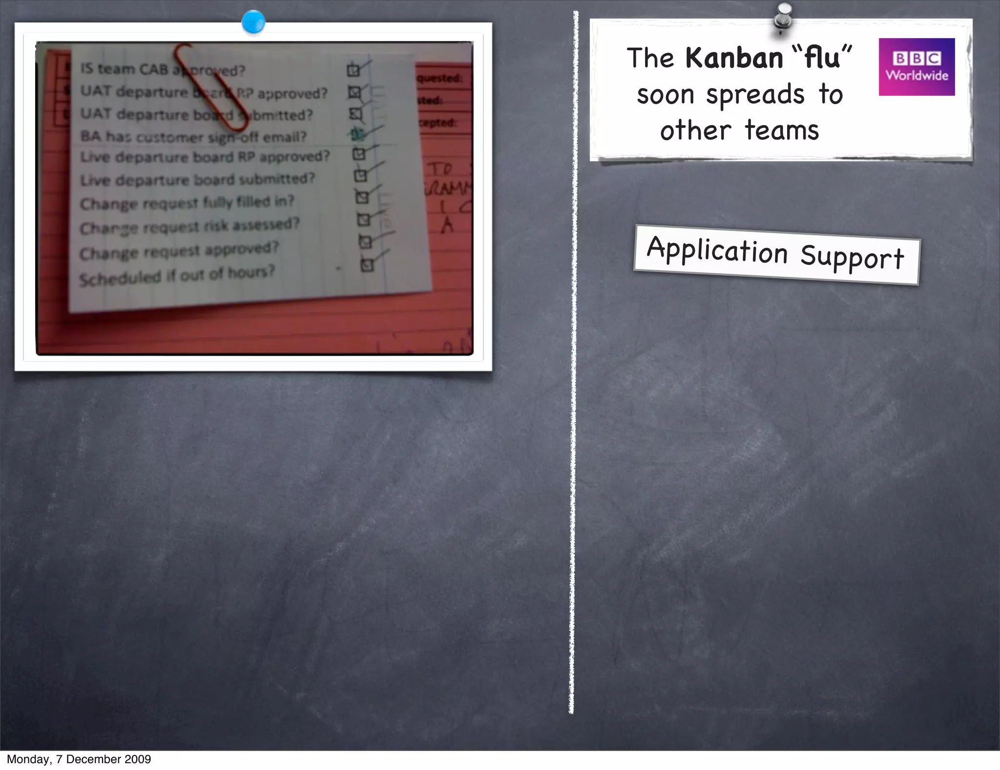 The Kanban “ﬂu”
                           soon spreads to
                             other teams


                           Application Support




Monday, 7 December 2009
 