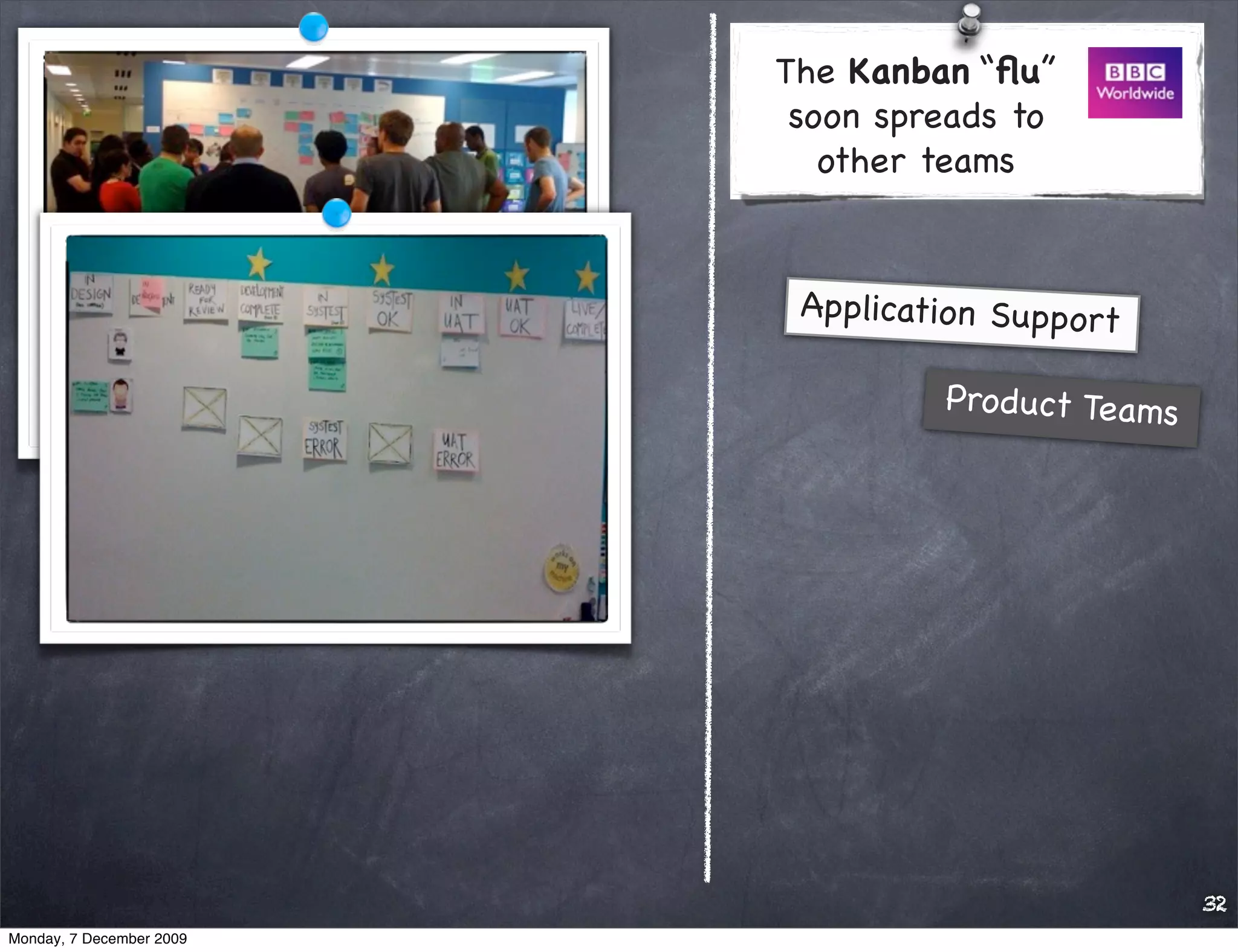The Kanban “ﬂu”
                           soon spreads to
                             other teams


                           Application Support

                                   Pro duct Teams




                                                    32
Monday, 7 December 2009
 