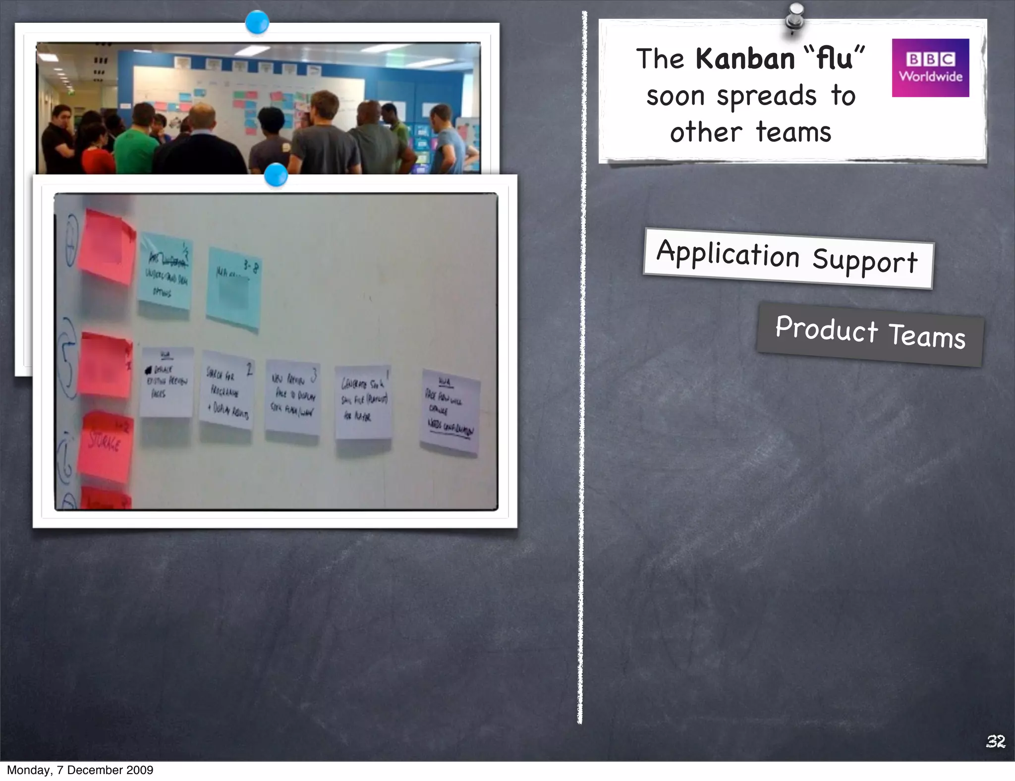 The Kanban “ﬂu”
                           soon spreads to
                             other teams


                           Application Support

                                   Pro duct Teams




                                                    32
Monday, 7 December 2009
 