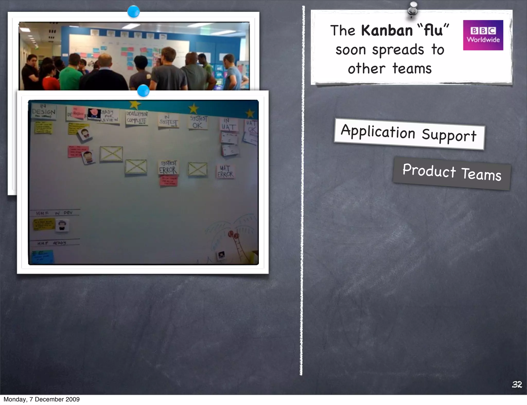 The Kanban “ﬂu”
                           soon spreads to
                             other teams


                           Application Support

                                   Pro duct Teams




                                                    32
Monday, 7 December 2009
 