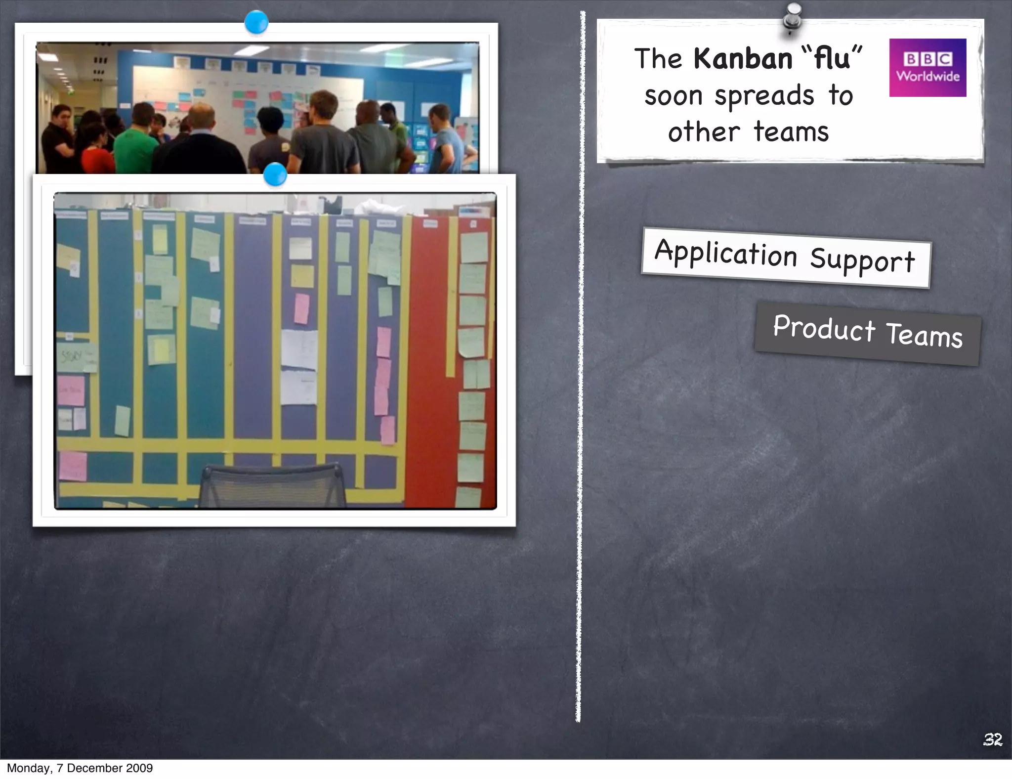 The Kanban “ﬂu”
                           soon spreads to
                             other teams


                           Application Support

                                   Pro duct Teams




                                                    32
Monday, 7 December 2009
 