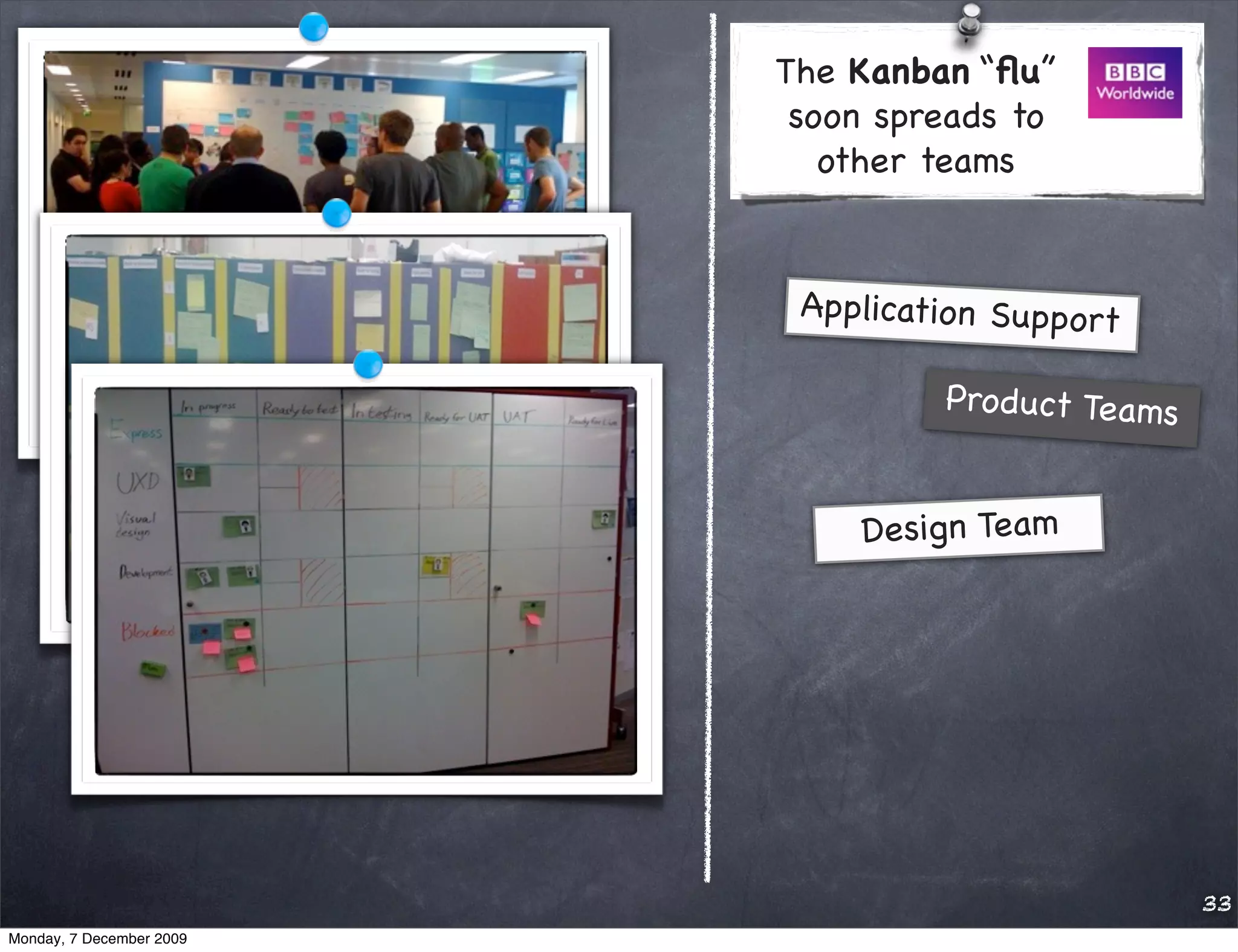 The Kanban “ﬂu”
                           soon spreads to
                             other teams


                           Application Support

                                   Pro duct Teams


                              Design Team




                                                    33
Monday, 7 December 2009
 