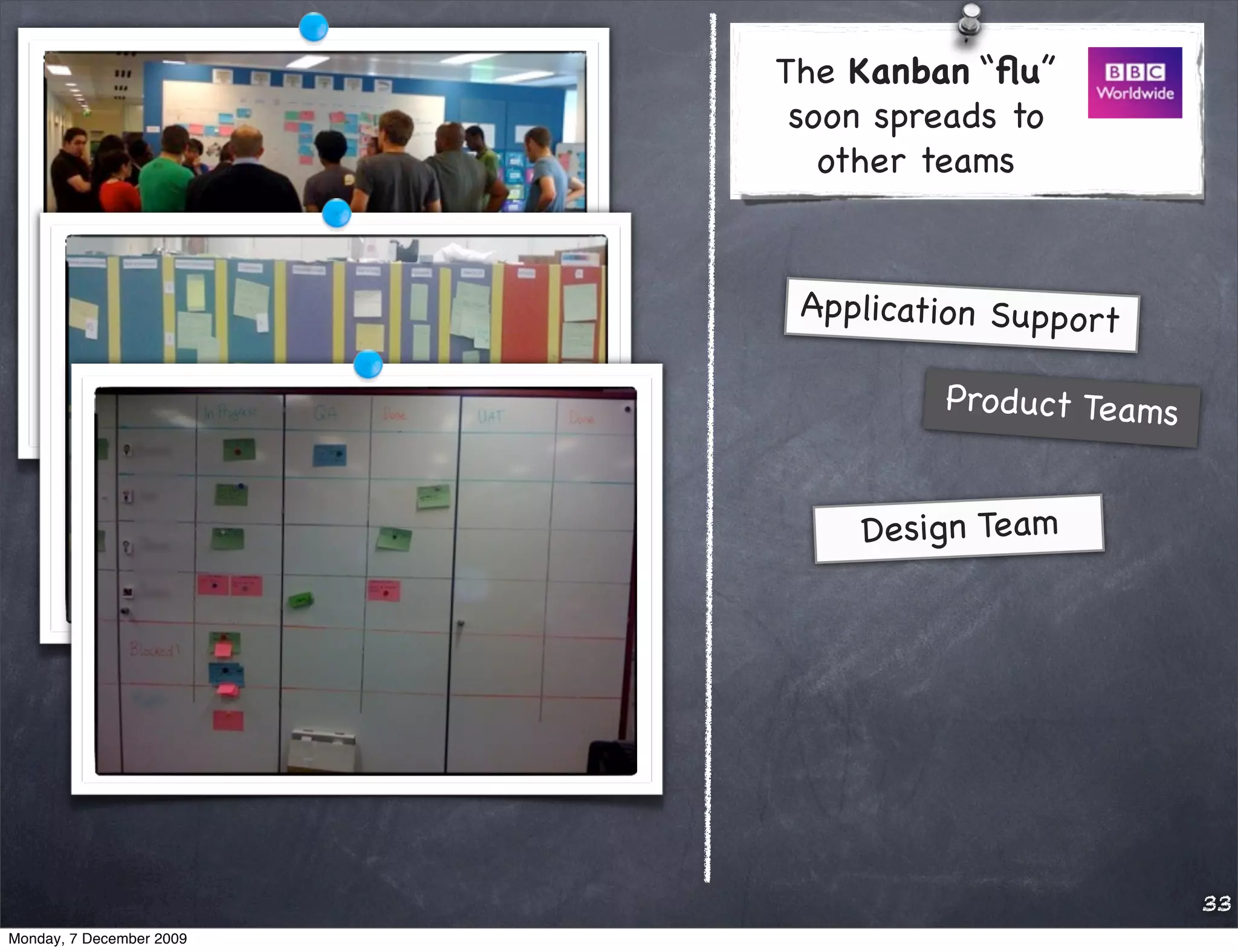 The Kanban “ﬂu”
                           soon spreads to
                             other teams


                           Application Support

                                   Pro duct Teams


                              Design Team




                                                    33
Monday, 7 December 2009
 