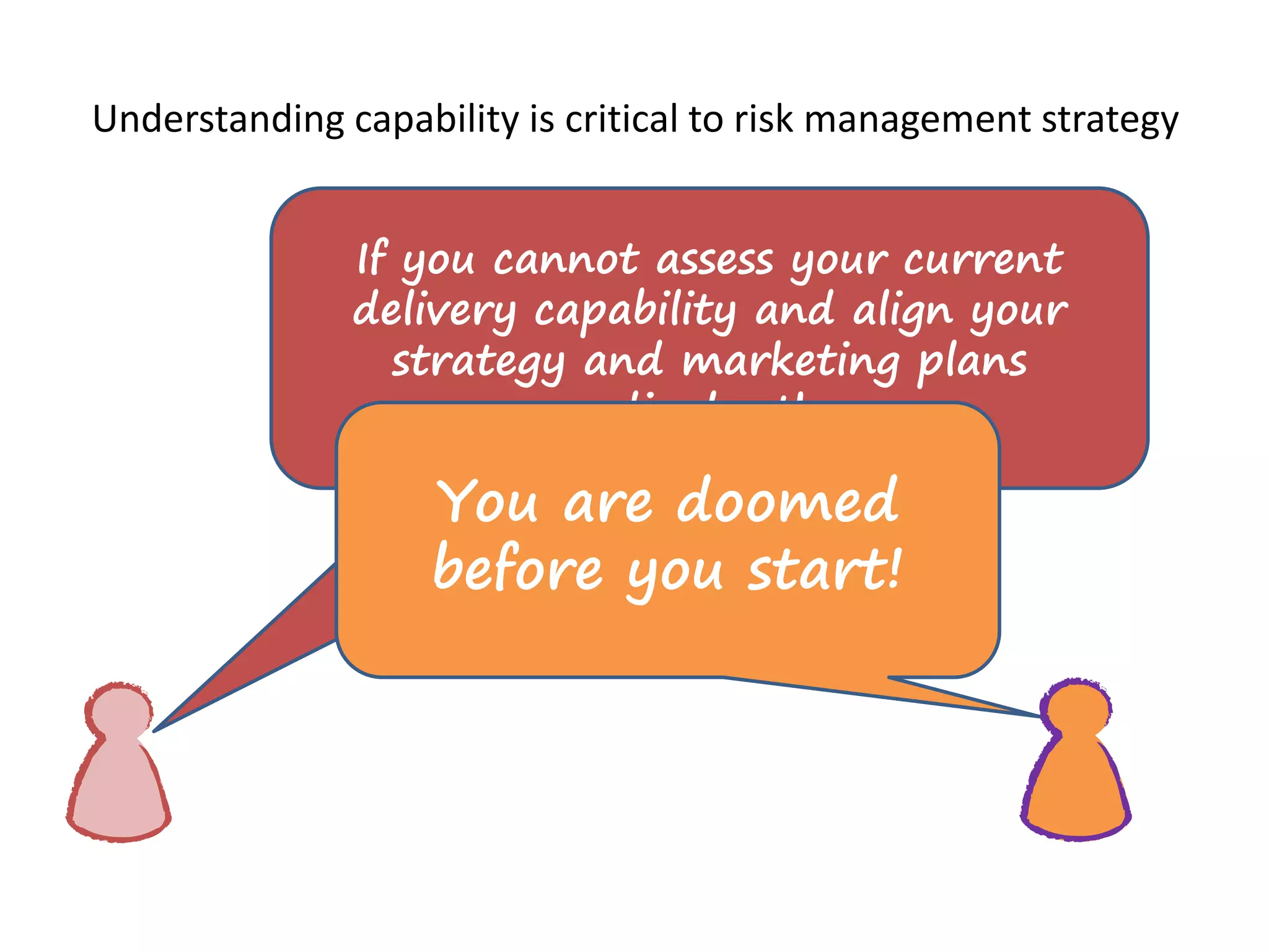 Understanding capability is critical to risk management strategy 
If you cannot assess your current 
delivery capability and align your 
strategy and marketing plans 
accordingly, then … 
You are doomed 
before you start! 
 