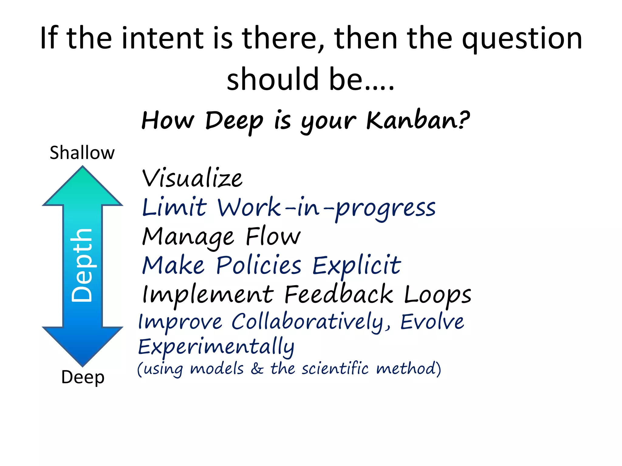 If the intent is there, then the question 
should be…. 
How Deep is your Kanban? 
Visualize 
Limit Work-in-progress 
Manage Flow 
Make Policies Explicit 
Implement Feedback Loops 
Improve Collaboratively, Evolve 
Experimentally 
(using models & the scientific method) 
Shallow 
Depth 
Deep 
 