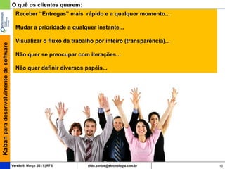 O quê os clientes querem:
                                           Receber “Entregas” mais rápido e a qualquer momento...

                                           Mudar a prioridade a qualquer instante...

                                           Visualizar o fluxo de trabalho por inteiro (transparência)...
Kaban para desenvolvimento de software




                                           Não quer se preocupar com iterações...

                                           Não quer definir diversos papéis...




                                         Versão 6 Março 2011 | RFS     rildo.santos@etecnologia.com.br     10
 
