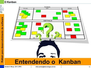 Kaban para desenvolvimento de software   O Kanban




                                                        Entendendo o Kanban
                                         Versão 6 Março 2011 | RFS   rildo.santos@etecnologia.com.br   12
 
