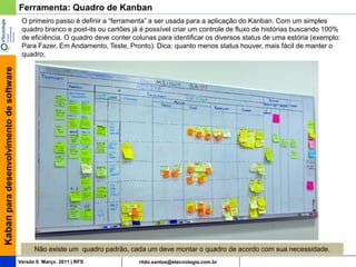Ferramenta: Quadro de Kanban
                                          O primeiro passo é definir a “ferramenta” a ser usada para a aplicação do Kanban. Com um simples
                                          quadro branco e post-its ou cartões já é possível criar um controle de fluxo de histórias buscando 100%
                                          de eficiência. O quadro deve conter colunas para identificar os diversos status de uma estória (exemplo:
                                          Para Fazer, Em Andamento, Teste, Pronto). Dica: quanto menos status houver, mais fácil de manter o
                                          quadro;
Kaban para desenvolvimento de software




                                               Não existe um quadro padrão, cada um deve montar o quadro de acordo com sua necessidade.
                                         Versão 6 Março 2011 | RFS              rildo.santos@etecnologia.com.br
 