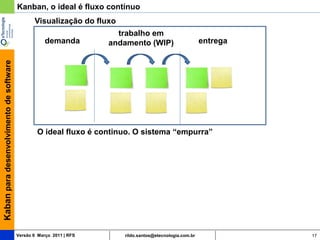 Kanban, o ideal é fluxo contínuo
                                                Visualização do fluxo
                                                                       trabalho em
                                                     demanda         andamento (WIP)                      entrega
Kaban para desenvolvimento de software




                                                 O ideal fluxo é continuo. O sistema “empurra”




                                         Versão 6 Março 2011 | RFS      rildo.santos@etecnologia.com.br             17
 