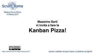 Massimo Sarti
vi invita a fare la
Kanban Pizza!
Ispirato e adattato dal gioco ideato e pubblicato da Agile42
Meetup Scrum Roma
10 Marzo 2017
https://creativecommons.org/licenses/by-sa/4.0/
 