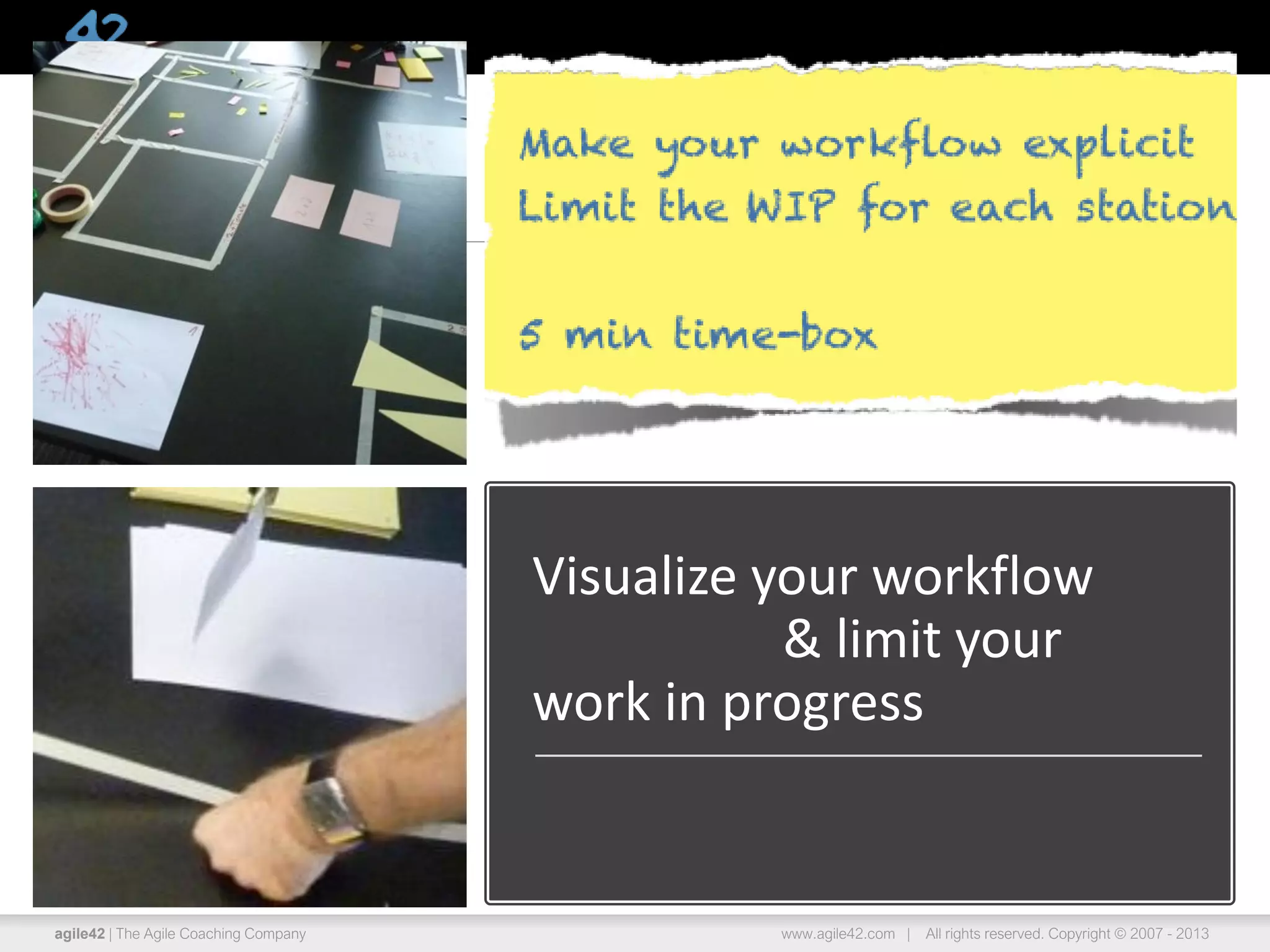agile42 | The Agile Coaching Company www.agile42.com | All rights reserved. Copyright © 2007 - 2013
Visualize your workflow
& limit your
work in progress
 