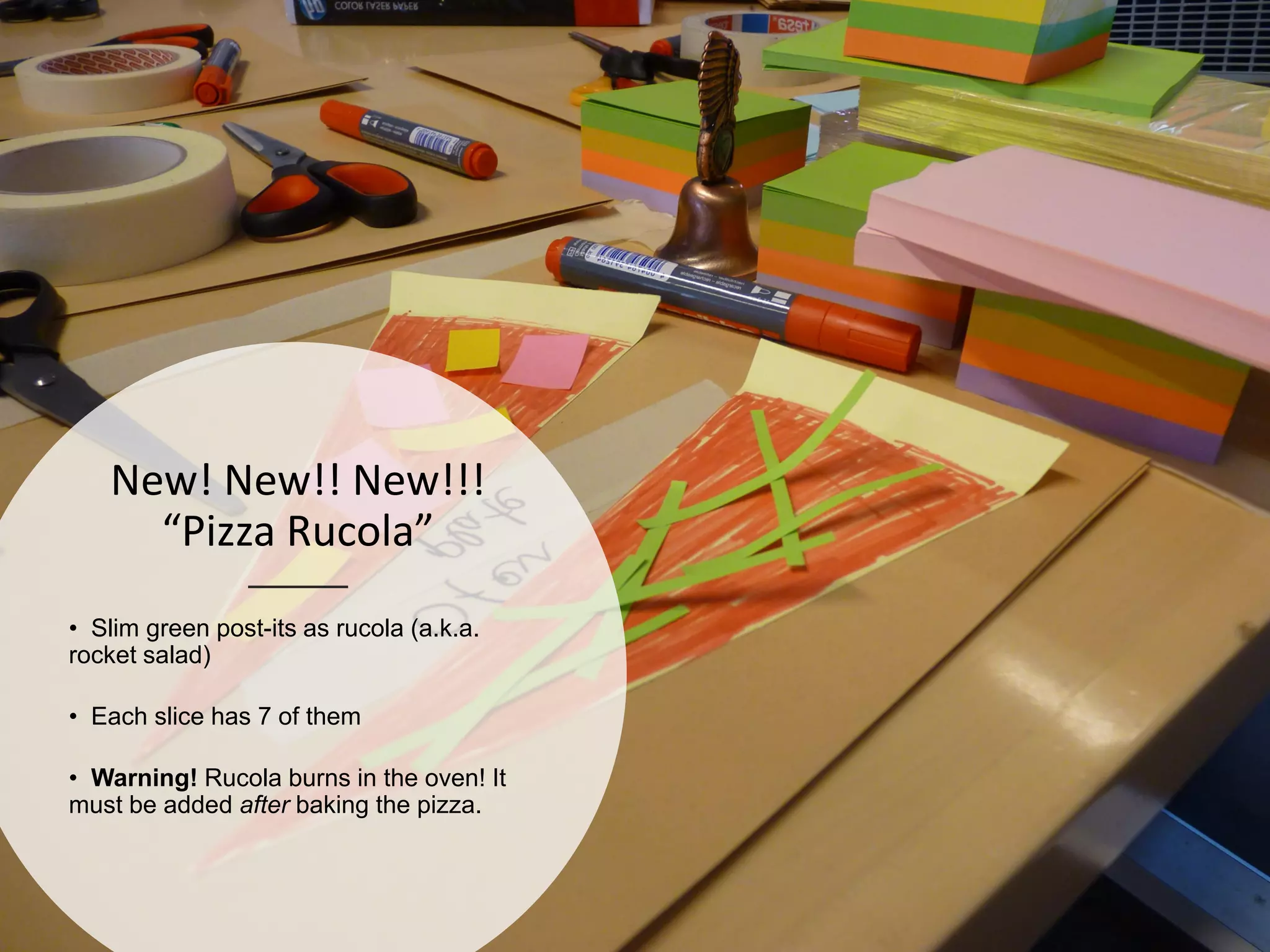 agile42 | The Agile Coaching Company www.agile42.com | All rights reserved. Copyright © 2007 - 2013
New! New!! New!!!
“Pizza Rucola”
• Slim green post-its as rucola (a.k.a.
rocket salad)
• Each slice has 7 of them
• Warning! Rucola burns in the oven! It
must be added after baking the pizza.
 