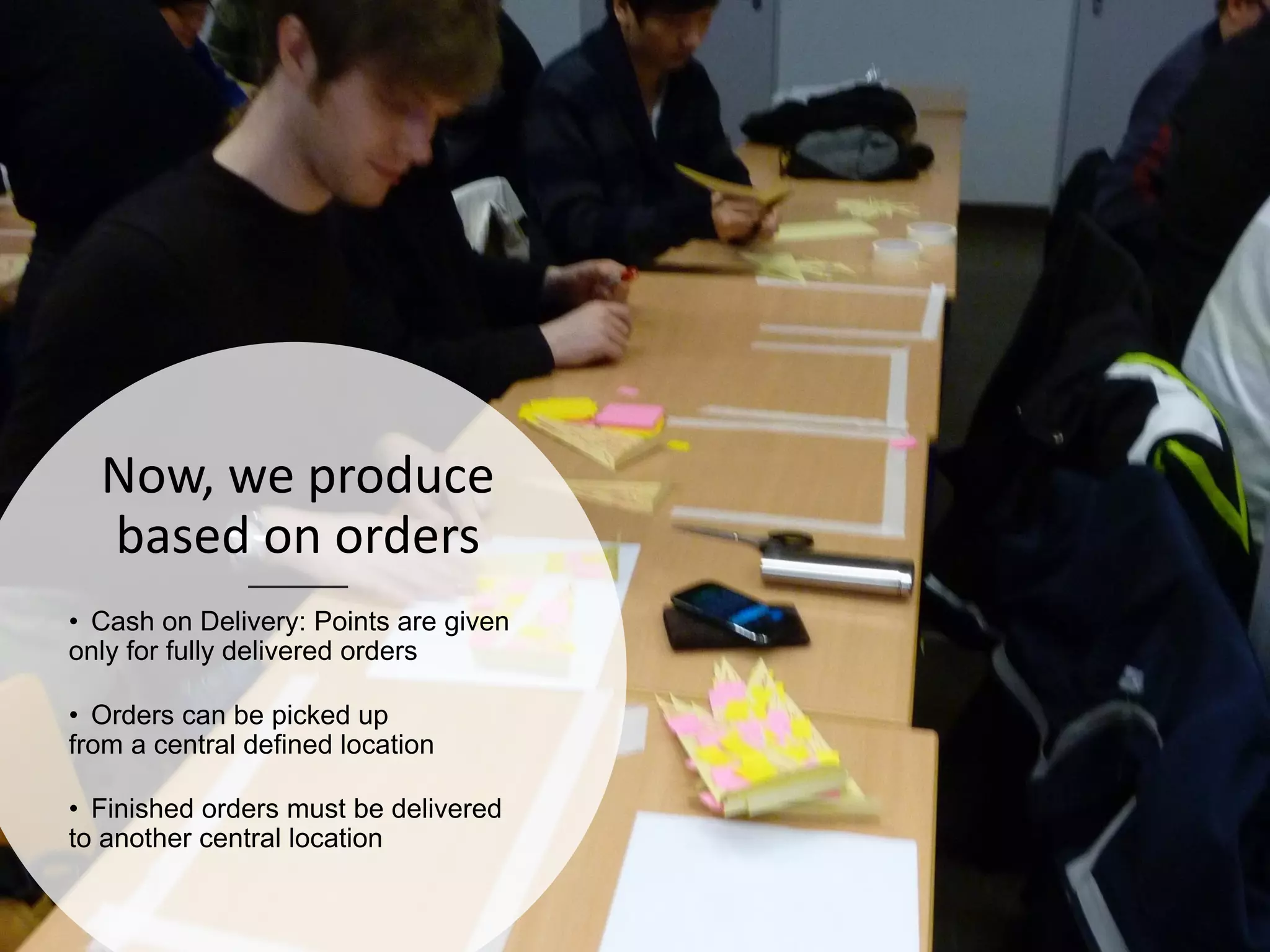 agile42 | The Agile Coaching Company www.agile42.com | All rights reserved. Copyright © 2007 - 2013
Now, we produce
based on orders
• Cash on Delivery: Points are given
only for fully delivered orders
• Orders can be picked up
from a central defined location
• Finished orders must be delivered
to another central location
 