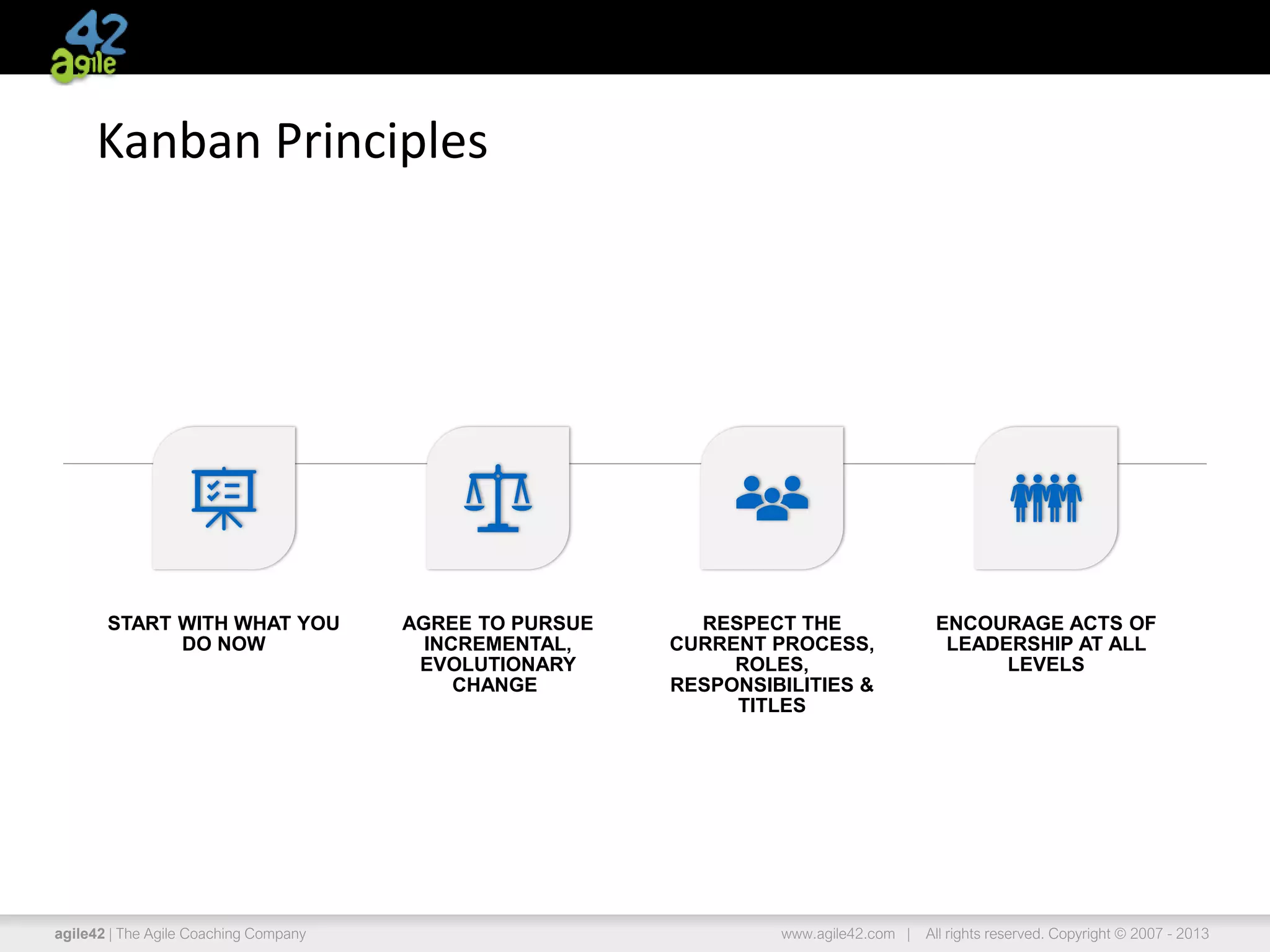 agile42 | The Agile Coaching Company www.agile42.com | All rights reserved. Copyright © 2007 - 2013
Kanban Principles
START WITH WHAT YOU
DO NOW
AGREE TO PURSUE
INCREMENTAL,
EVOLUTIONARY
CHANGE
RESPECT THE
CURRENT PROCESS,
ROLES,
RESPONSIBILITIES &
TITLES
ENCOURAGE ACTS OF
LEADERSHIP AT ALL
LEVELS
 