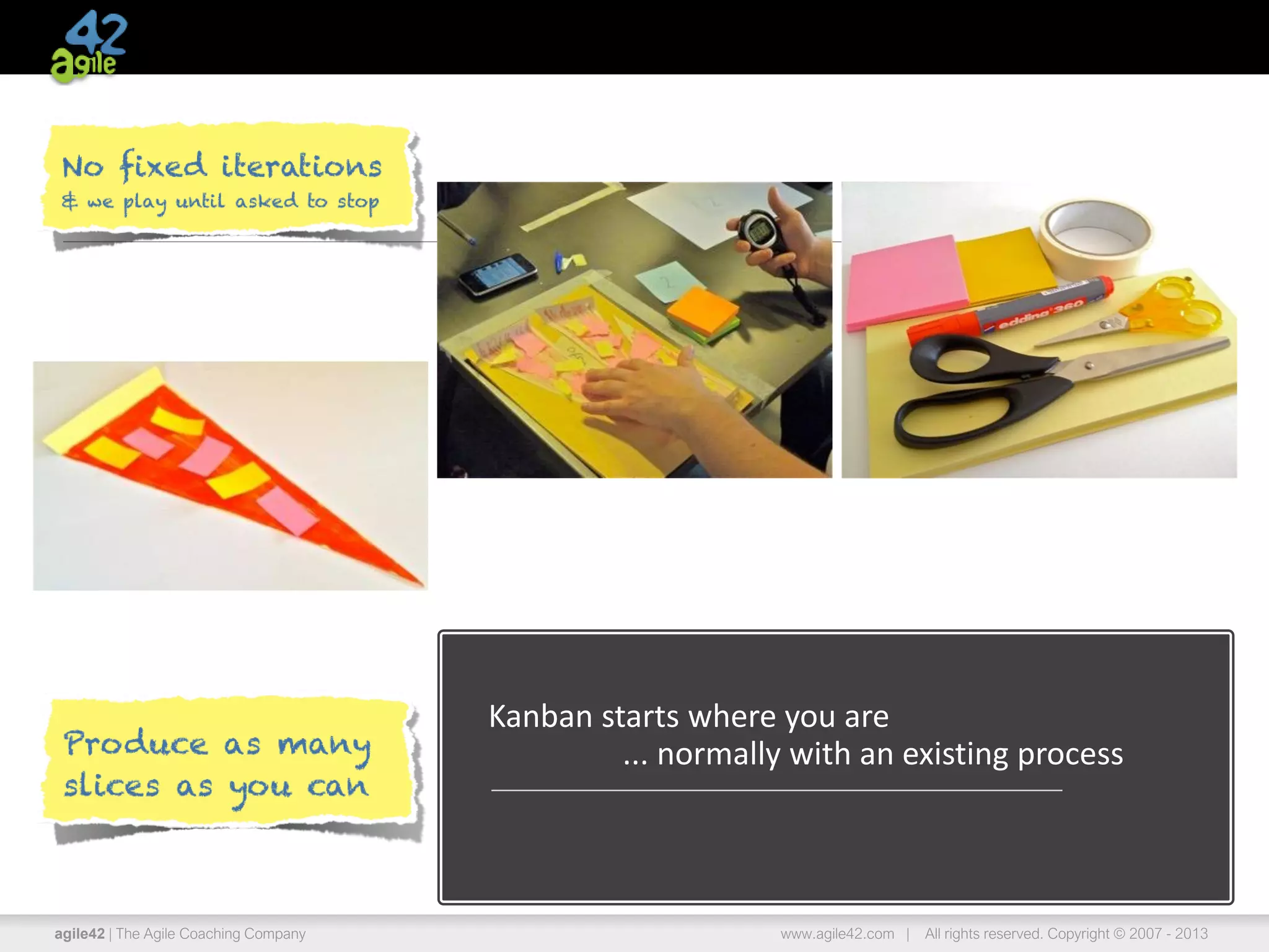 agile42 | The Agile Coaching Company www.agile42.com | All rights reserved. Copyright © 2007 - 2013
Kanban starts where you are
... normally with an existing process
 
