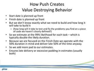 How Push Creates Value Destroying BehaviorStart date is planned up frontFinish date is planned up frontBut we don’t know exactly what we need to build and how long it will take to build it(how long will it take to test and fix the problems you find on a piece of code we haven’t clearly defined?)So we estimate at the 99% likelihood for each task – which is typically double the likely duration.Because we are focused on the Finish Date we operate with the 50% duration in mind and deliver late 50% of the time anyway.So we add more pad to our estimates.Ensures late delivery or excessive padding in estimates (usually both)