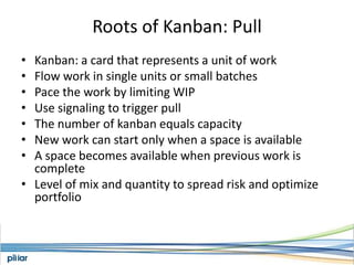 Roots of Kanban: PullKanban: a card that represents a unit of workFlow work in single units or small batchesPace the work by limiting WIPUse signaling to trigger pullThe number of kanban equals capacityNew work can start only when a space is availableA space becomes available when previous work is completeLevel of mix and quantity to spread risk and optimize portfolio
