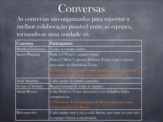 Conversas
Conversa Participantes
Backlog Grooming Todas as equipes juntas
Sprint Planning Parte 1 (“What”), equipes juntas.
Parte 2 (“How”), apenas Delivery Team, com o suporte
necessário do Definition Team.
Definition Team, agora usando Kanban, não é necessário
ter o seu próprio Sprint Plan ou Sprint Backlog.
Daily Standup Cada equipe de forma separada
Scrum of Scrums Representantes de todas as equipes
Sprint Review Cada Delivery Team apresenta o seu trabalho; todos
comparecem.
O Definition Team não tem um Review separado para
mostrar as histórias Ready.
Retrospective Cada equipe tem a sua a cada Sprint, mas uma vez por mês
as equipes fazem a sua própria.
As conversas são organizadas para suportar a
melhor colaboração possível entre as equipes,
tornando-as uma unidade só.
 