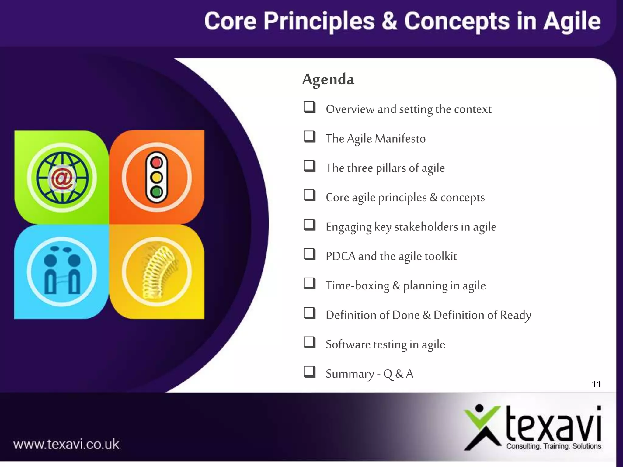 11
Agenda
 Overview andsettingthecontext
 TheAgile Manifesto
 Thethreepillars of agile
 Core agileprinciples & concepts
 Engaging keystakeholders in agile
 PDCA and theagiletoolkit
 Time-boxing & planningin agile
 Definition of Done & Definition of Ready
 Softwaretestingin agile
 Summary -Q & A
 