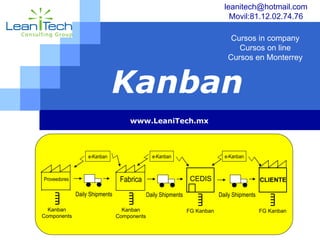 LOGO
Kanban
www.LeaniTech.mx
Fabrica
Daily Shipments
Kanban
Components
CEDIS
FG Kanban
Proveedores
Kanban
Components
Daily Shipments
e-Kanban e-Kanban
Daily Shipments
CLIENTE
FG Kanban
e-Kanban
leanitech@hotmail.com
Movil:81.12.02.74.76
Cursos in company
Cursos on line
Cursos en Monterrey
 