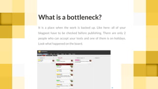 What is a bottleneck?
It is a place when the work is backed up. Like here: all of your
blogpost have to be checked before publishing. There are only 2
people who can accept your texts and one of them is on holidays.
Look what happened on the board.
cc
 