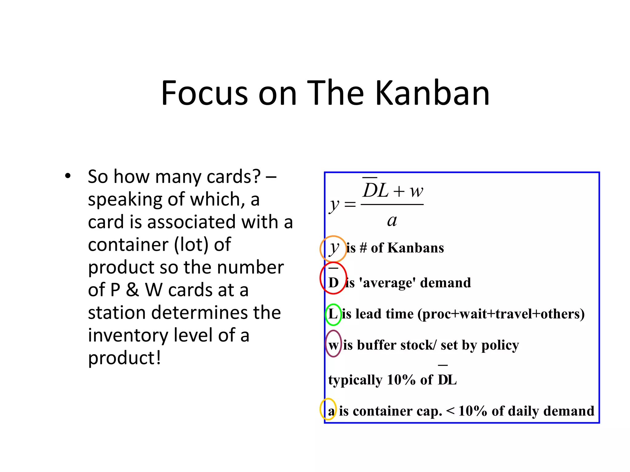 Focus on The Kanban
• So how many cards? –
speaking of which, a
card is associated with a
container (lot) of
product so the number
of P & W cards at a
station determines the
inventory level of a
product!
is # of Kanbans
D is 'average' demand
L is lead time (proc+wait+travel+others)
w is buffer stock/ set by policy
typically 10% of DL
a is container cap. < 10% of daily demand
DL w
y
a
y


 