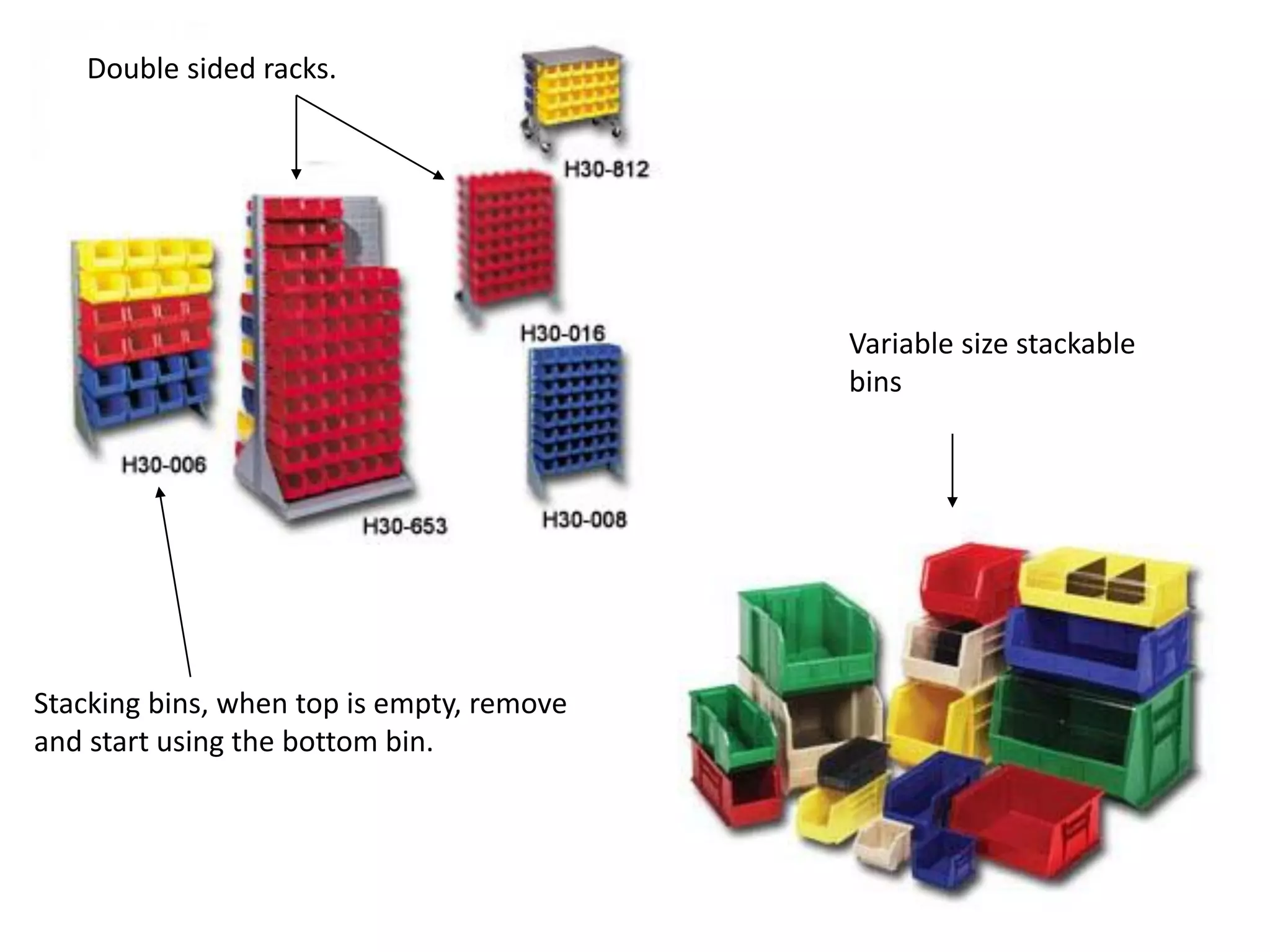 Double sided racks.
Stacking bins, when top is empty, remove
and start using the bottom bin.
Variable size stackable
bins
 