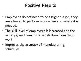 Positive Results
• Employees do not need to be assigned a job, they
are allowed to perform work when and where it is
needed.
• The skill level of employees is increased and the
variety gives them more satisfaction from their
work.
• Improves the accuracy of manufacturing
schedules
 