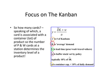 Focus on The Kanban
• So how many cards? –
speaking of which, a
card is associated with a
container (lot) of
product so the number
of P & W cards at a
station determines the
inventory level of a
product!
is # of Kanbans
D is 'average' demand
L is lead time (proc+wait+travel+others)
w is buffer stock/ set by policy
typically 10% of DL
a is container cap. < 10% of daily demand
DL w
y
a
y


 