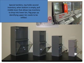 Special twinbins, top holds second
inventory, when bottom is empty, pull
middle lever that allows top inventory
to drop into lower bin, flag pops up
identifying upper bin needs to be
refilled.
 